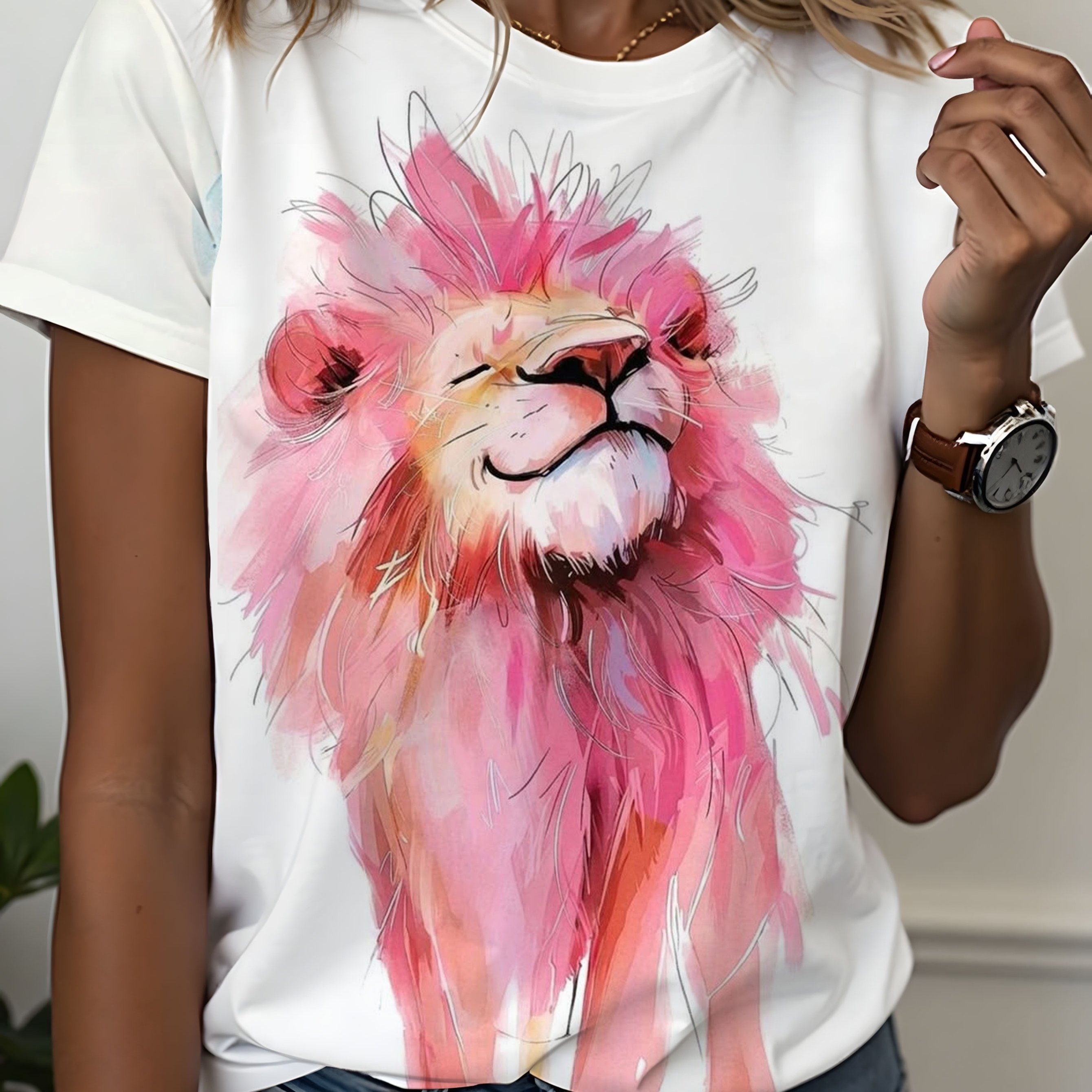 Round Neck White Short-sleeve T-shirt | Pink Mane Watercolor-style Lion Print + Artistic Design, Summer Breathable Casual Top