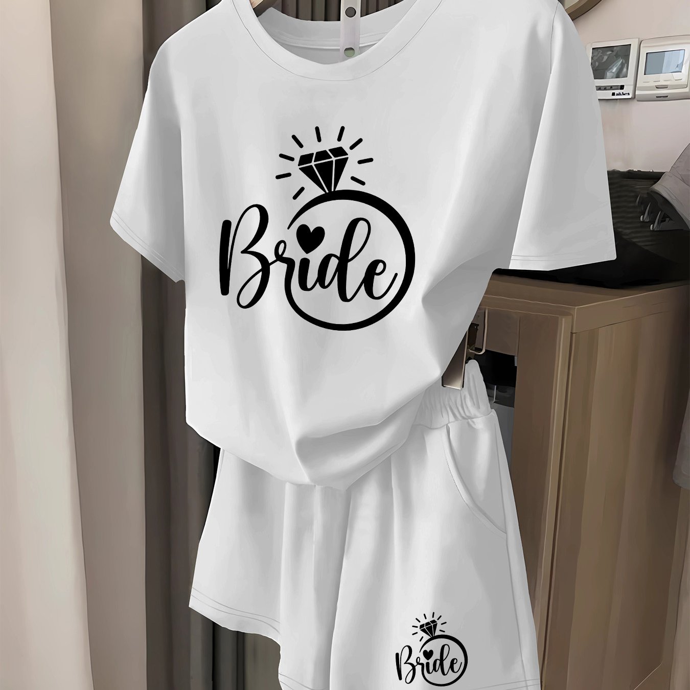 TEMU 2026 Summer New Daily Casual Simple "bride" Text Print Short Sleeve T-shirt   Elastic Waist Shorts 2pcs Set