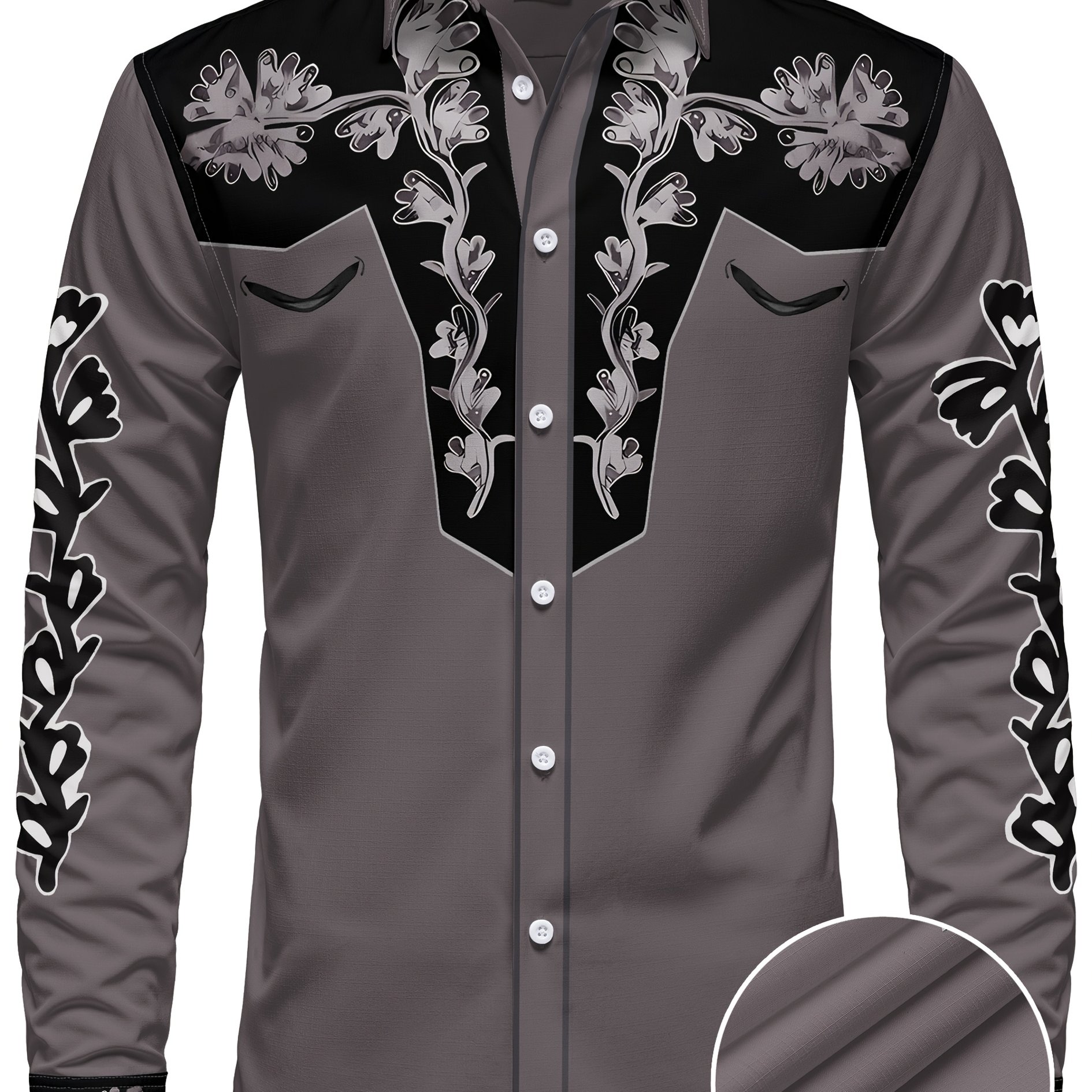 TEMU Christmas Men&;s Western Cowboy Floral Print Long Sleeve Shirt - 100% Polyester Button-up Collared Top With Black & , Machine Washable Regular