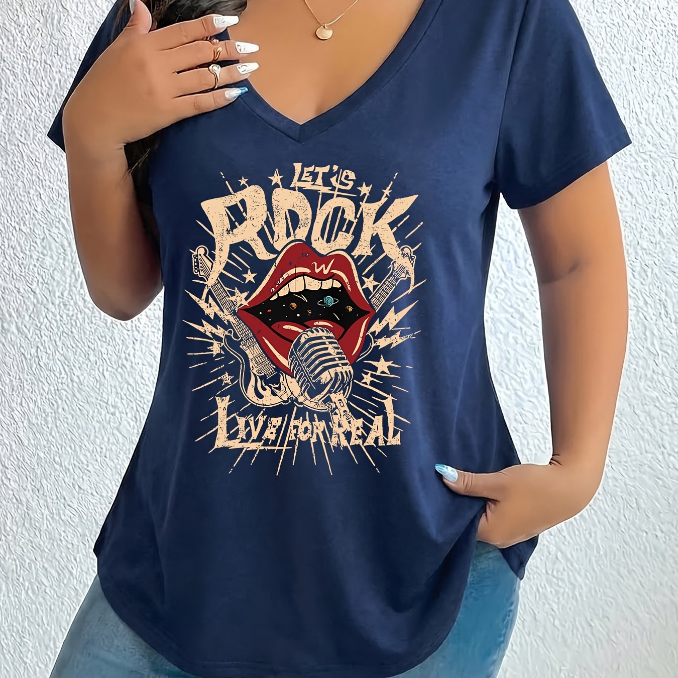 TEMU Grande Taille - Grande Taille - -shirt à Manches Courtes Imprimé Grande Taille Femme Décontracté Col en V Confortable Haut Polyvalent