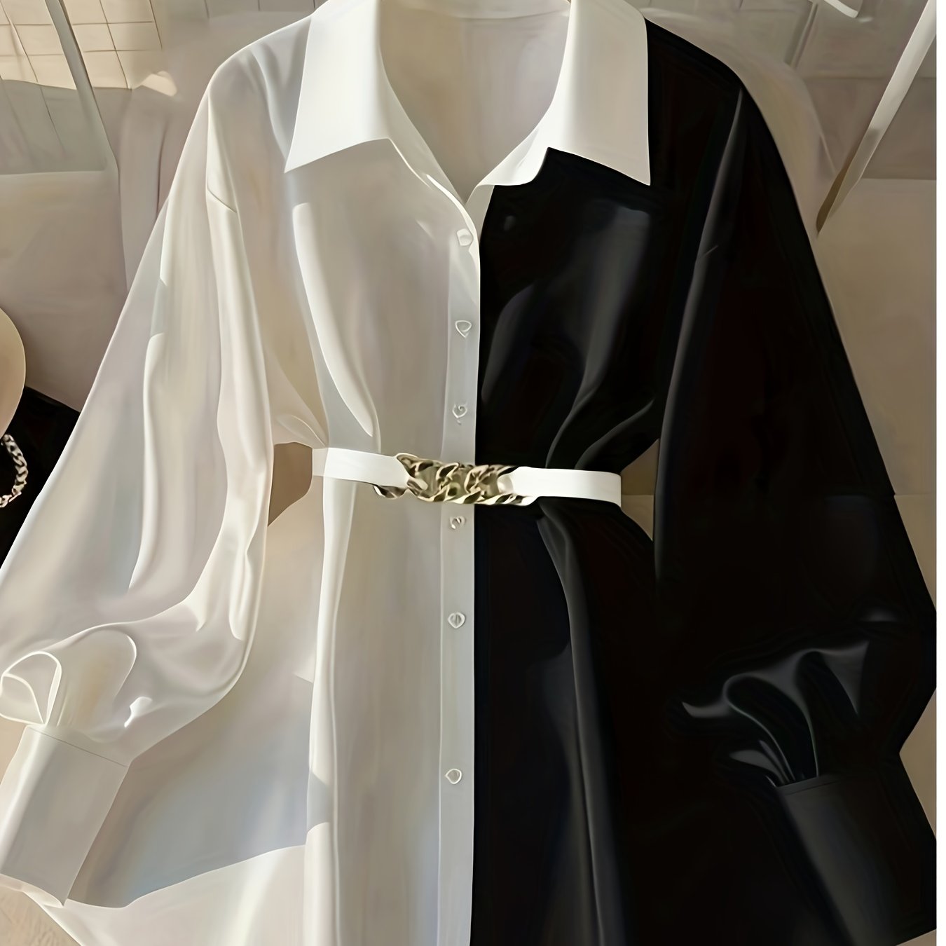 TEMU Women's Color Matching Casual Retro Popular Single-breasted Hardware Decoration (with Collar) Fashionable Shirt Top
