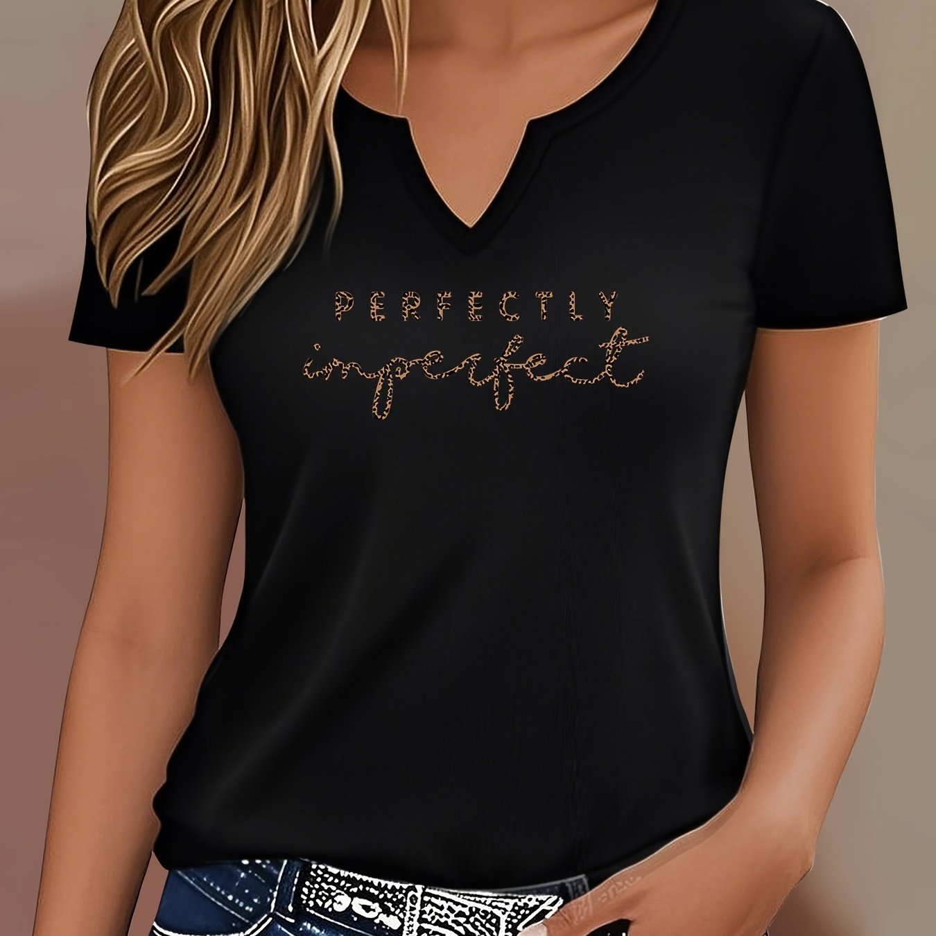 TEMU T-shirt à imprimé lettres, haut décontracté à manches courtes et col en V pour l'été et , vêtements pour femme