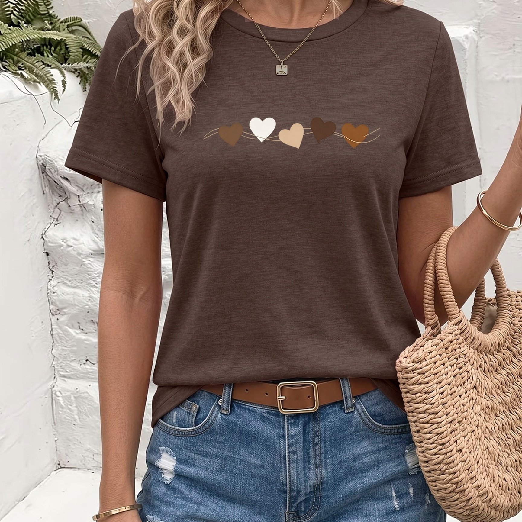 TEMU Women's Spring Summer Neck Short Sleeve T-shirt, -colored Print, Easy Contrast Heart Print, Gentle And Look, Daily , Casual Outing, Vacation