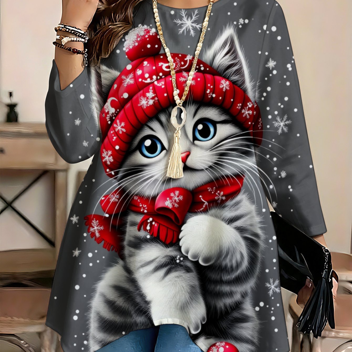 Image of Plus Size - Fashionable , Women's Long-sleeve Blouse With Round Neck And Asymmetric Hem, Cute Cat Winter Style Restoring Ancient Ways, Perfect For Spring And Summer Wear, For Women In Large Sizes