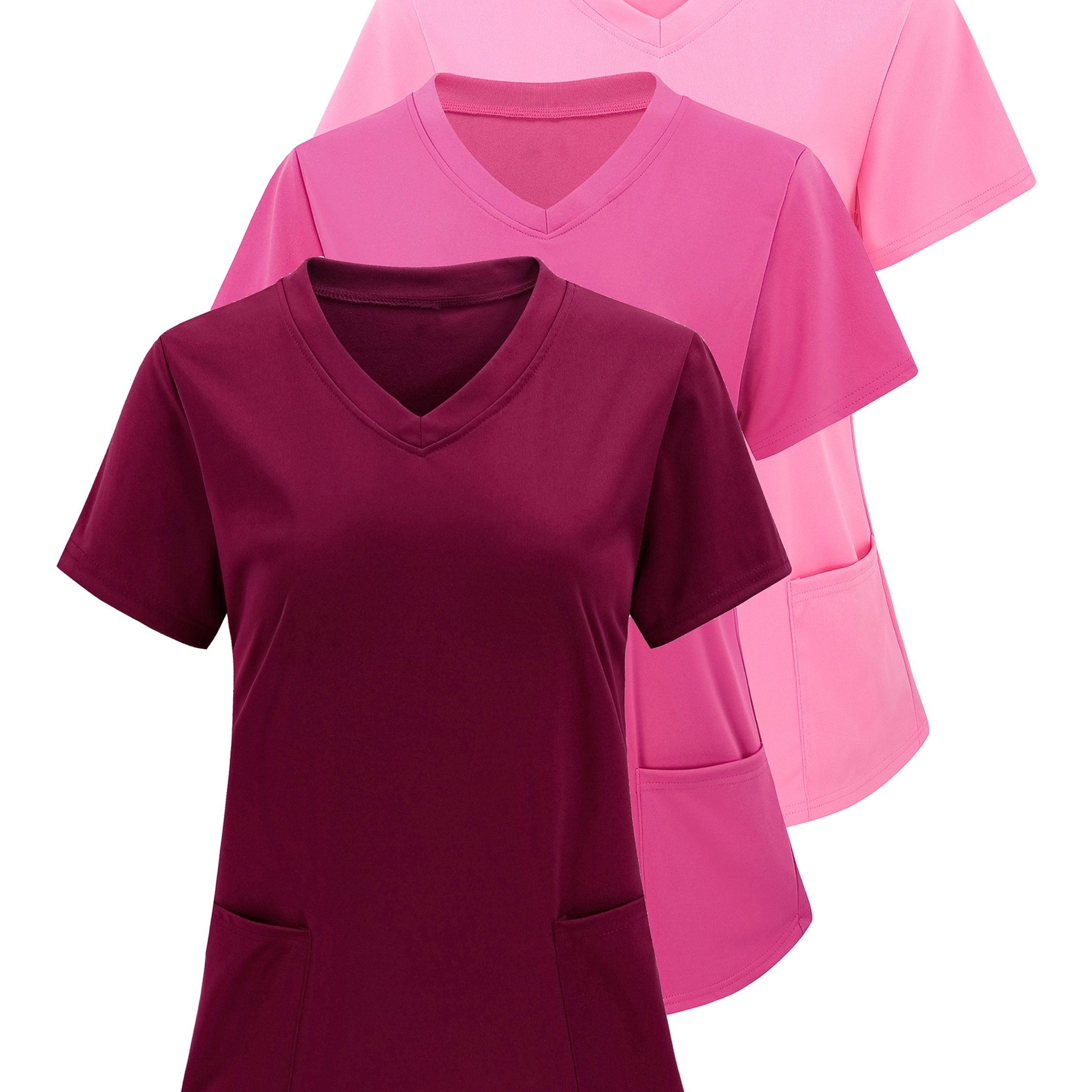 Plus Size, 3pcs Women's European And American Clinic Hospital Commuter Nursing Style Workwear Uniform, Short Sleeve V-neck Double Pocket Women's Top T-shirt Shirt