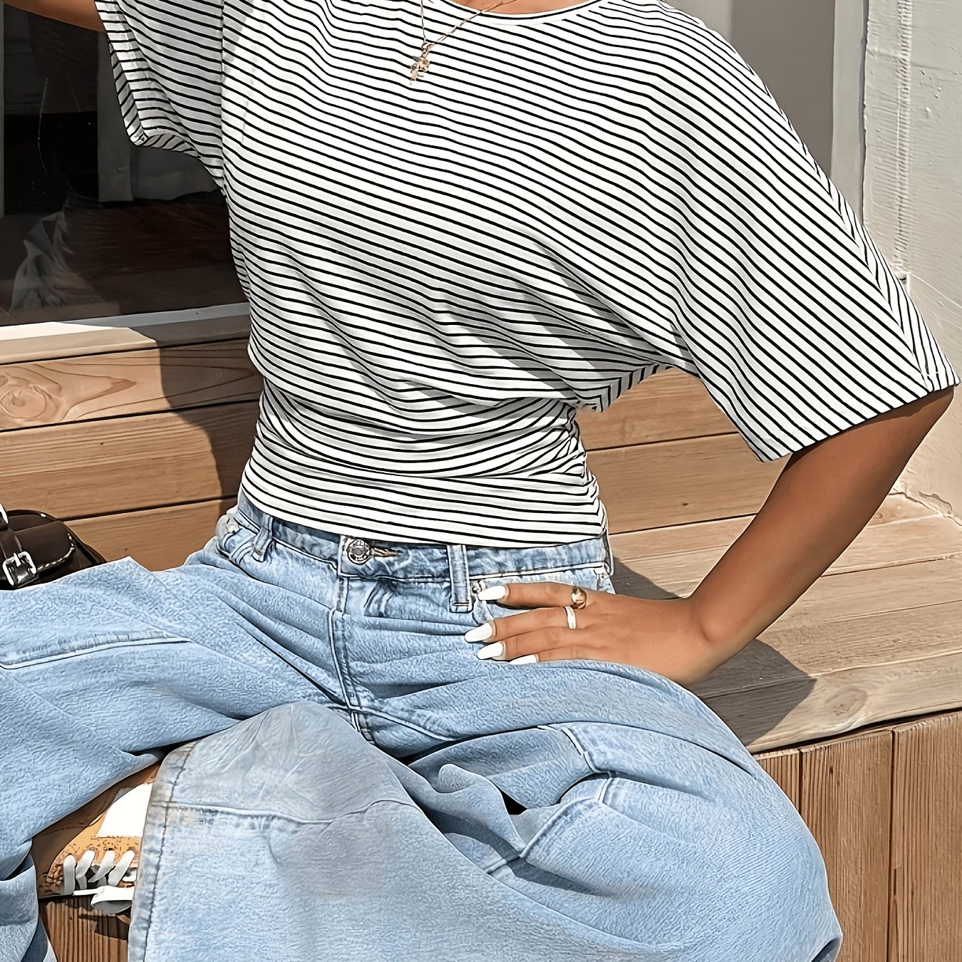 TEMU Women's Spring Summer Elegant Temperament Round Neck Striped Short Sleeve T-shirt, Versatile Fashionable Premium Top For Dates, , Vacations, And