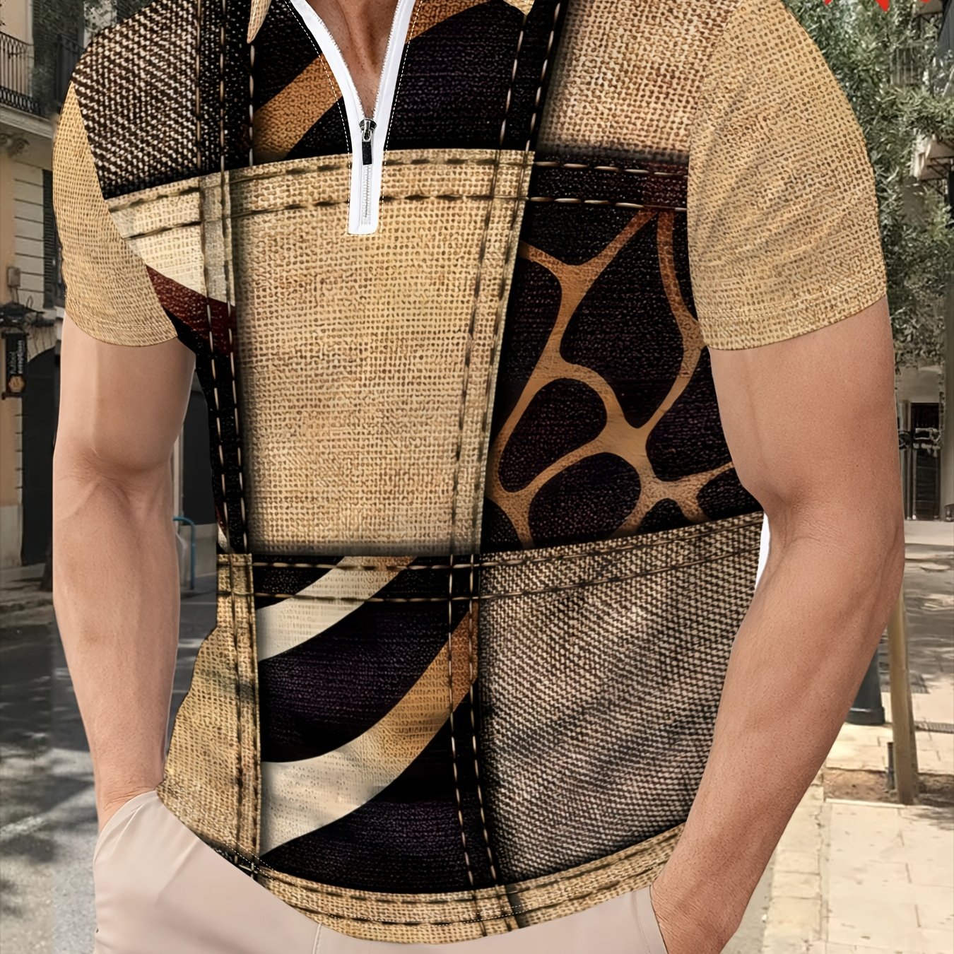 TEMU Men's Zipper Shirt Summer Thin Breathable Mesh Short Sleeve Casual Turn- Collar T-shirt Trendy Geometric Print Half-