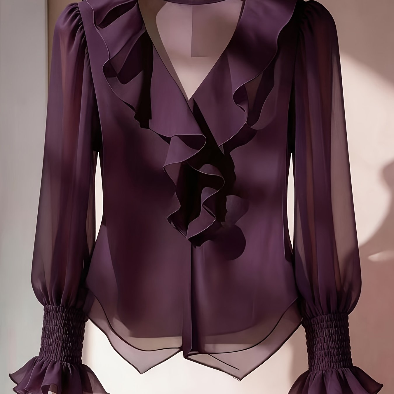 TEMU Camicia francese a maniche lunghe con volant e spalle a , top in chiffon con scollo a V per vacanze casual da donna