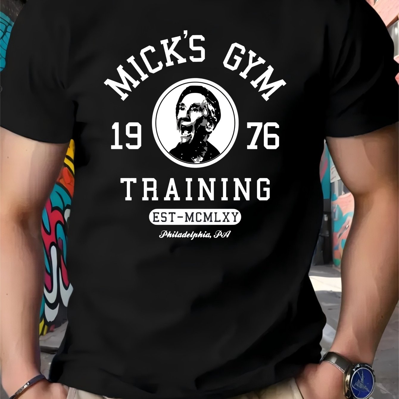 Image of Mick's Gym Training Vintage 1976 Philadelphia Pa Men's T-shirt - Heavyweight Tee With Boxing Design, Breathable Short Sleeve Round Neck Casual Workout Shirt For Fitness & Casual Attire, Fit