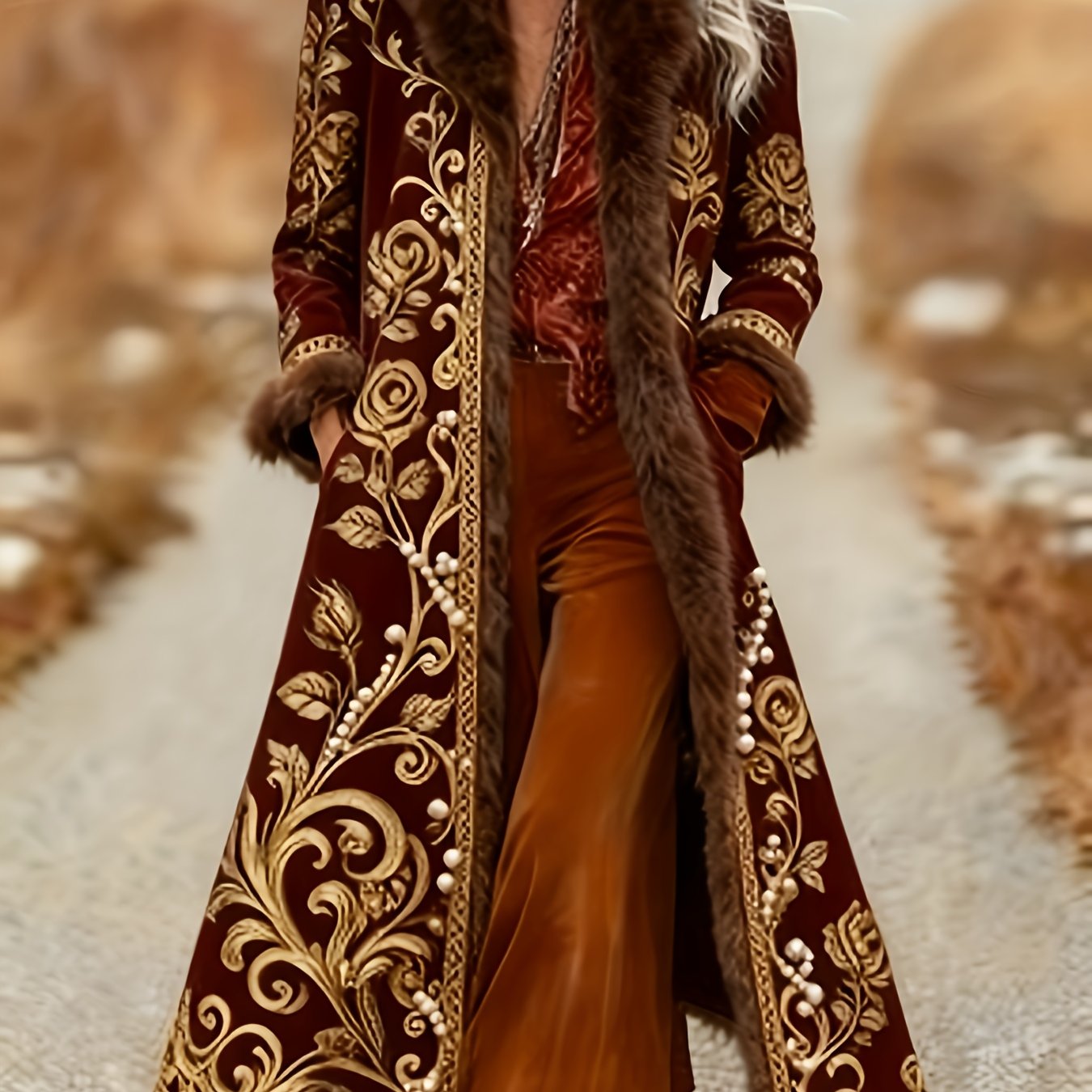 Printed Design Not Textured Ladies' Western Retro Style Autumn And Winter Warm Long-sleeved Retro Printed Jacket Coat - Western Printed Jacket Lapel Coat