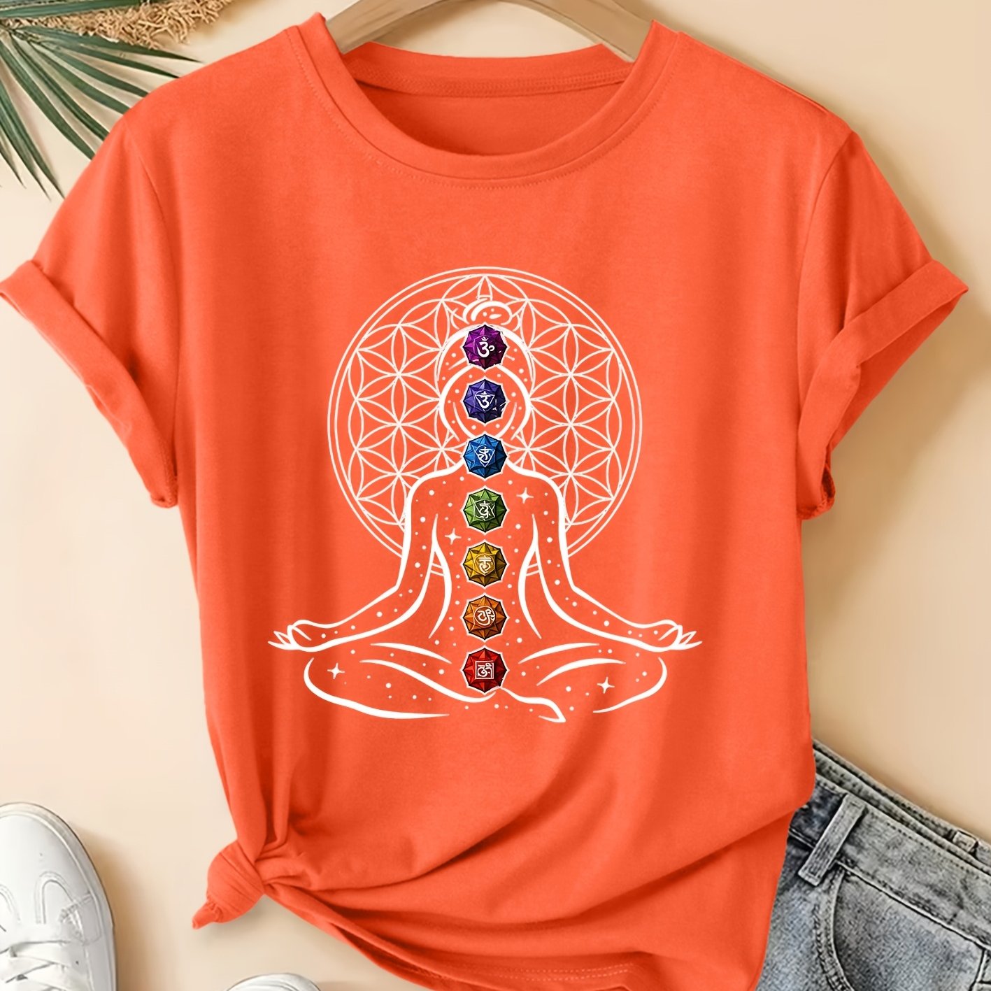 TEMU Women's Elegant Style Short Sleeve, Chakra Print Round Neck Women's Short Sleeve Suitable For Spring Summer, Fashion Commute Vacation Daily