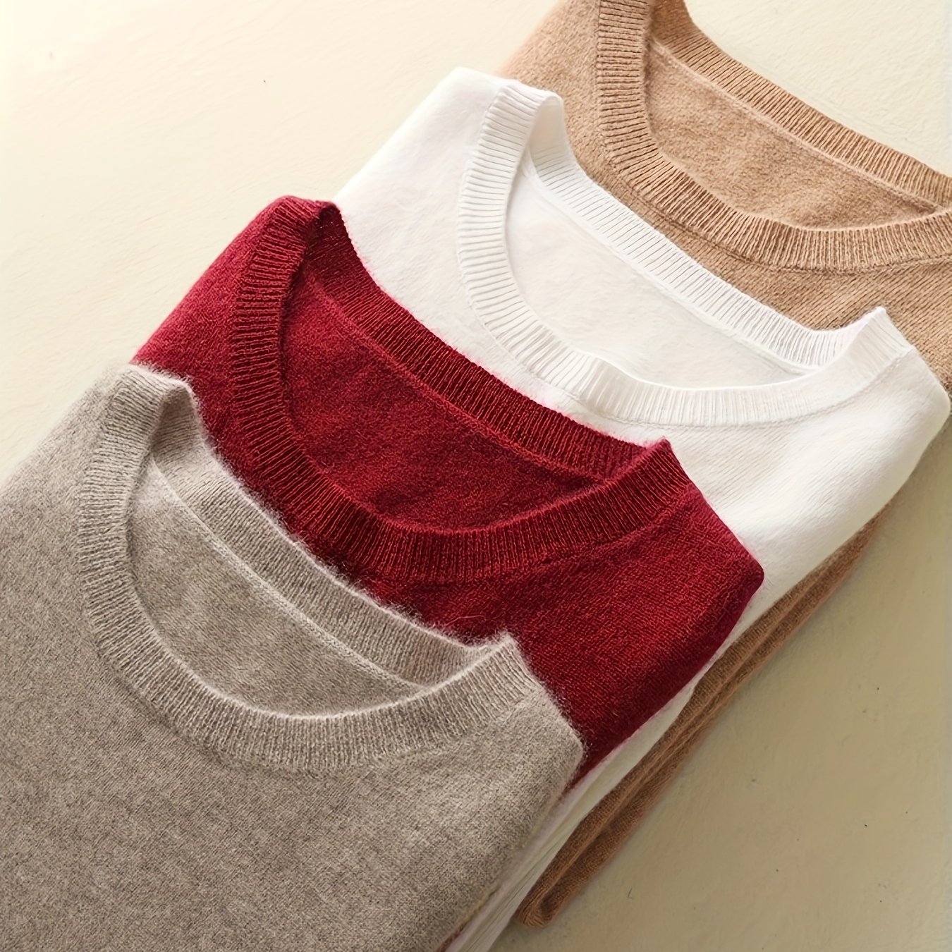 E-shop Vier-Teiliges Set Uni-Farben Rundhals-Pullover in Kamel, Burgund, Weiß Gold-Kamel – Langarm-Oberteile für Damen, Elegant , Vielseitig für