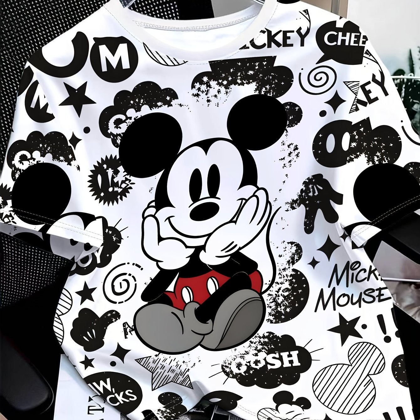 TEMU Women's Short-sleeve Crew Neck Casual T-shirt With Mickey Mouse Graffiti Text Print Pattern And Lettering, Print Short-sleeve Crew Neck Casual
