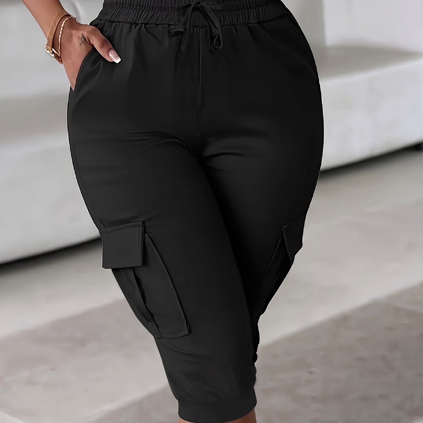 TEMU Plus Size, New Women's Plus Size Work Shorts With Elastic Waist, Casual Capri Pants, Fashionable Style, Comfortable Fabric Cargo Pants