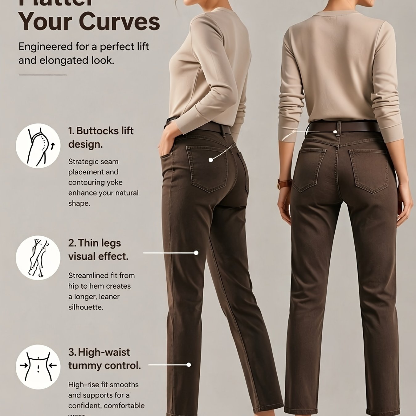 Women's Dark Brown High Waisted Cropped Jeans, Straight Leg Denim Pants, Retro Casual Streetwear, , Work, Date, Travel, Daily Wear