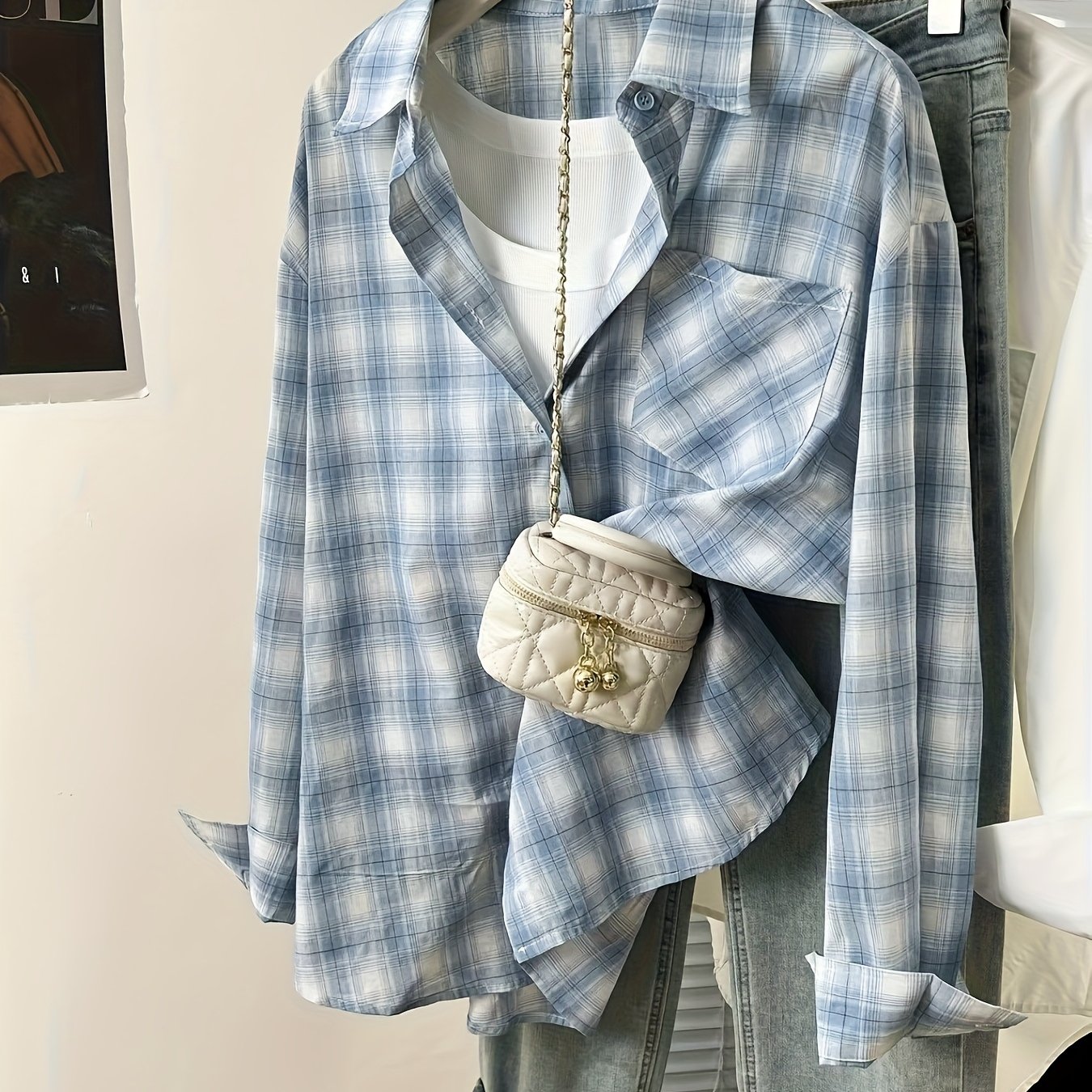 E-shop Damens Elegante Blaue Karierte Bluse - Langarmhemd mit klassischem Kragen, Büro- und Alltagsoberteil für Herbst/Frühling, Maschinenwaschbarer