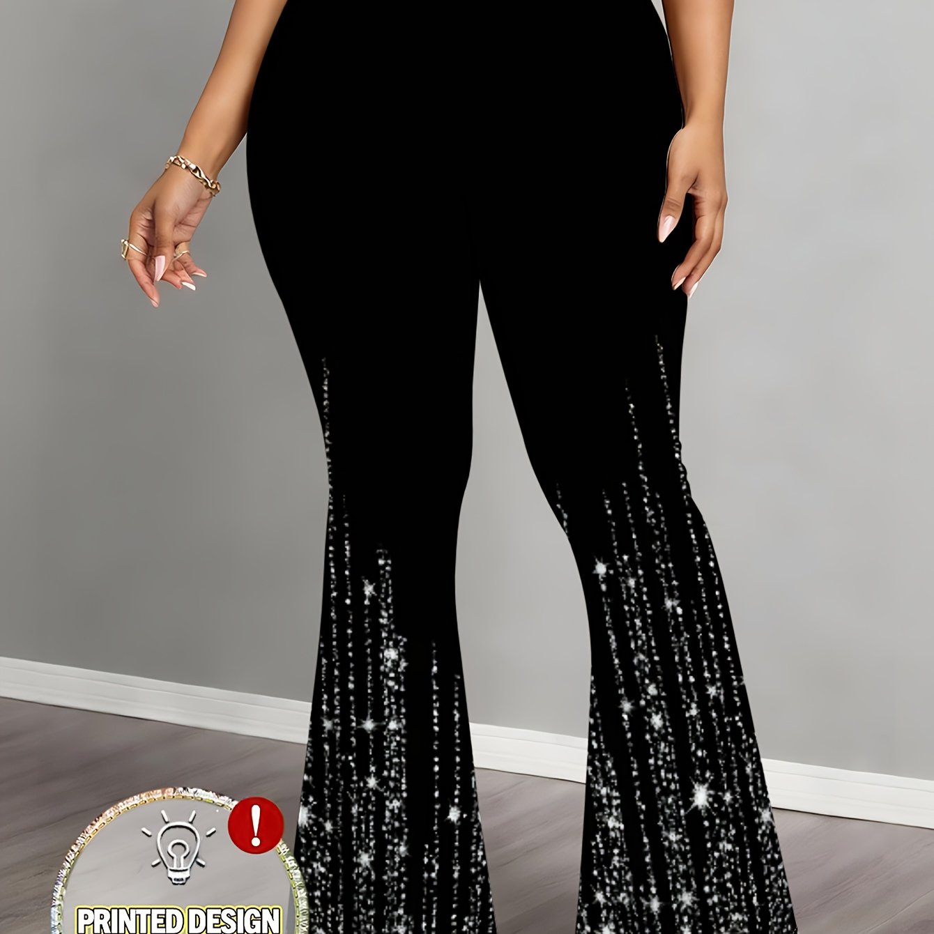 TEMU Plus Size Women's High-waist Flare Pants, Printed, Stretchy Elastic Waist Micro-flare Trousers, Casual Athletic Long Pants, Elegant And