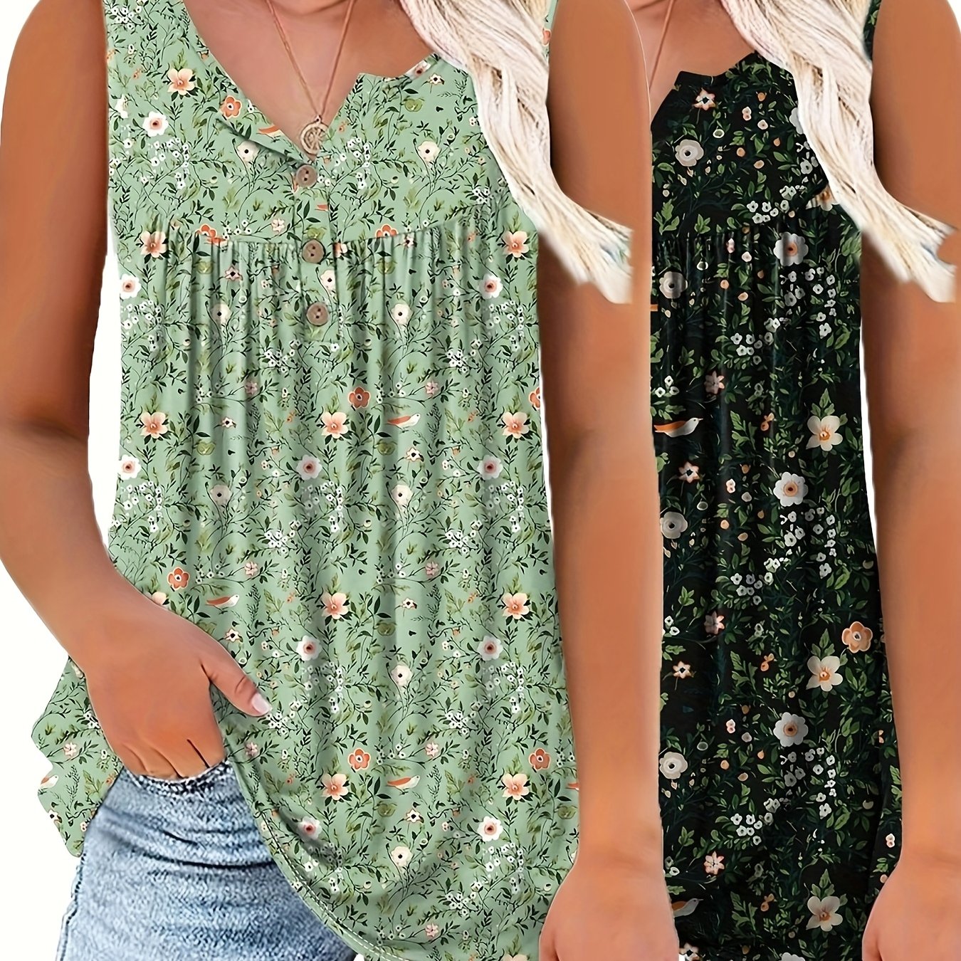Image of Plus Size, Women's 2pcs Set, Elegant V-neck Button-front Cardigan T-shirt, Small Floral Print Sleeveless Henley Neckline, Perfect For Vacation And Casual Wear, Women's Tops