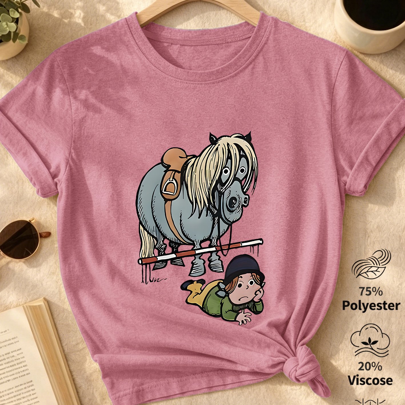 TEMU Women's Plus Size Vintage Equestrian T-shirt - Short Pony Jumping Horse Print Round Neck Casual Top, Suitable For Spring Summer Fall Daily Wear,