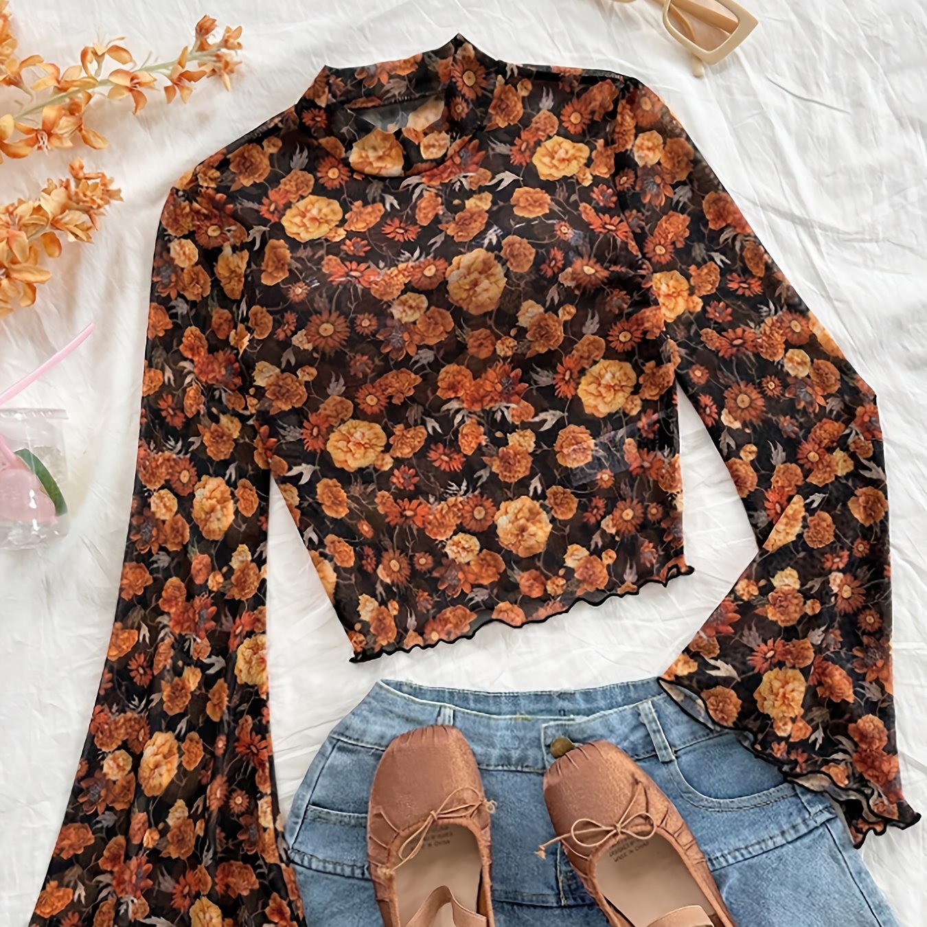 TEMU Women's Vacation Casual Tiny Ditsy Floral Stand Collar Flare Sleeve Top