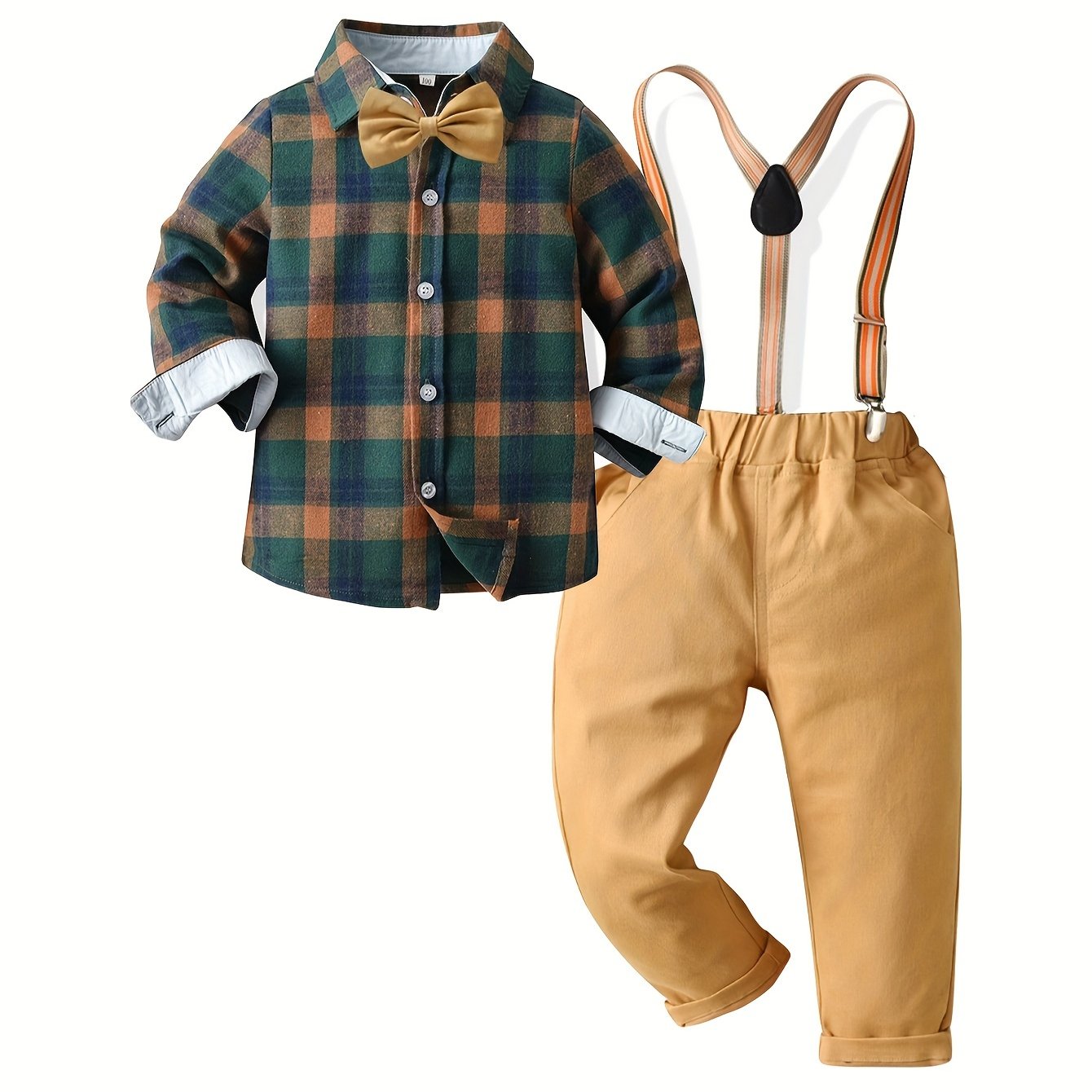 Image of Boys Autumn And Winter Long Sleeve Shirt Yellow Party Khaki Back Pants Bowknot Dress Set Small And Medium Cardigan Banquet Party Bowtie Dress Apricot Pants Four-piece Set