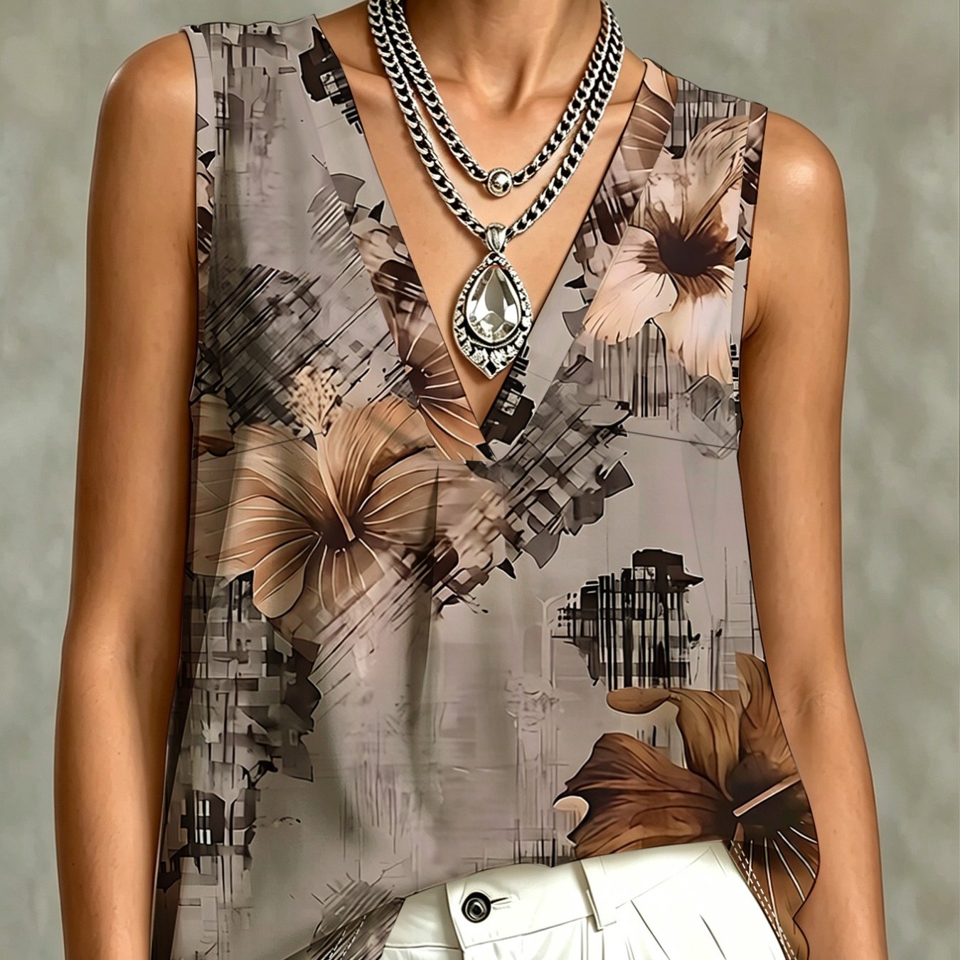 TEMU Retro Ink Large Floral Print V-neck Sleeveless Top, Intellectual Temperament Vest, Skin-friendly And Breathable, Easy Wear, Additions Not
