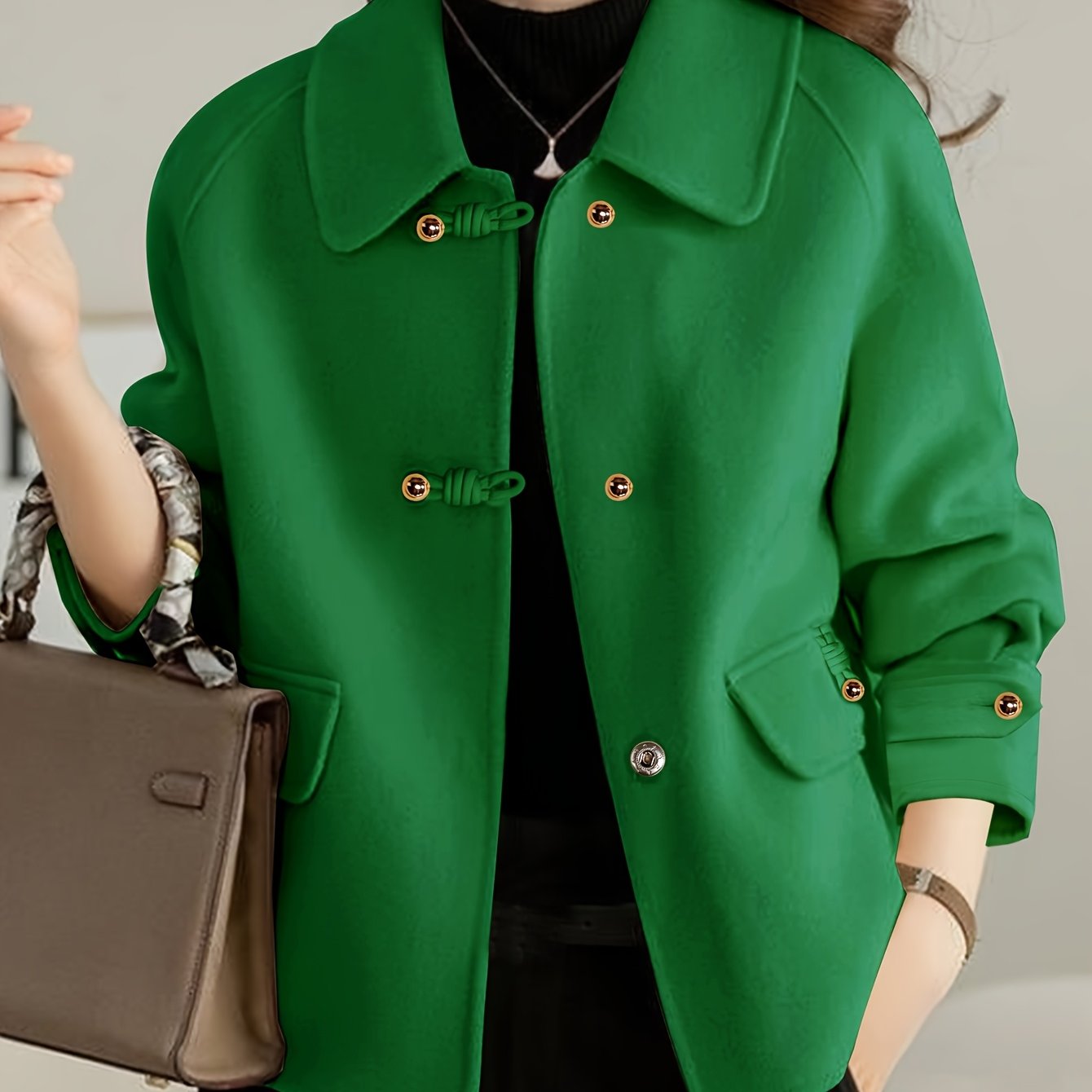 E-shop Neuer Herbst-Winter Weicher Eleganter Peter Pan Kragen Tweed Blazer für Damen mit Perlenknopf-Dekor, Klappentaschen, Lockerer Passform,