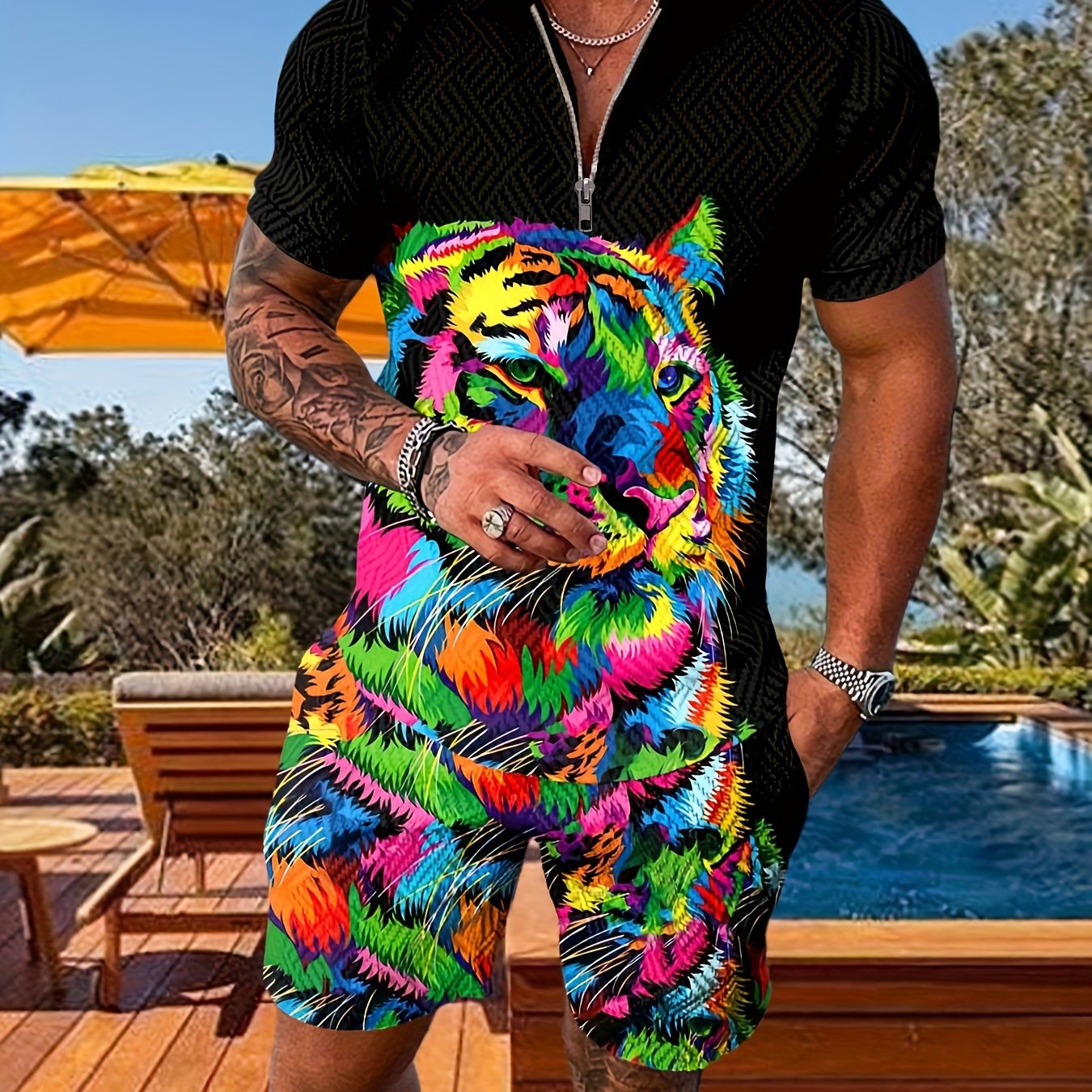 TEMU Plus Size Men's Tiger Graphic Print Golf T-shirt & Shorts Set For Summer, Casual Outdoor 2pcs Outfits