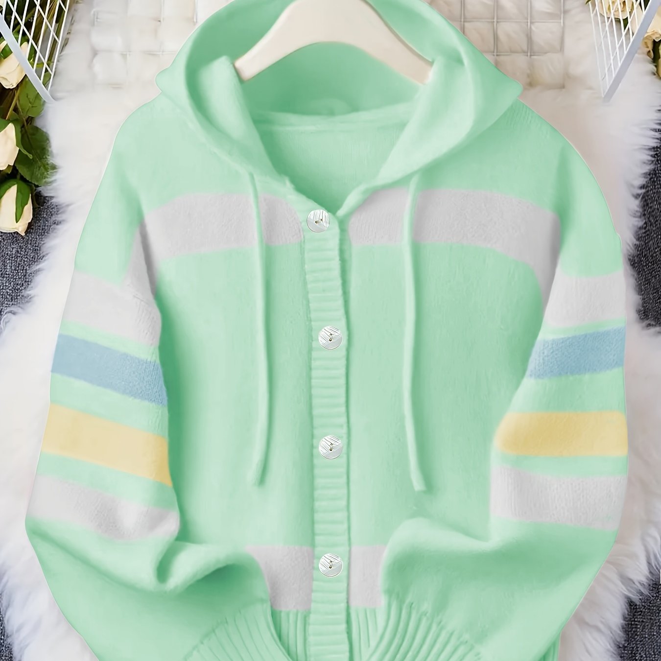 TEMU Plus Size, Rainbow - Striped Hooded Cardigan, Large Women's Sweater Soft And Comfortable Loose