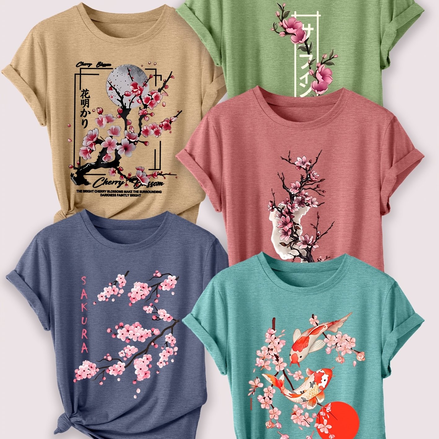 TEMU 5pcs Women's T-shirts, Japanese Cherry Style Vintage Print, Summer Casual Elegant Women's Clothing, Short Sleeve Tops, Summer Women's Must-have