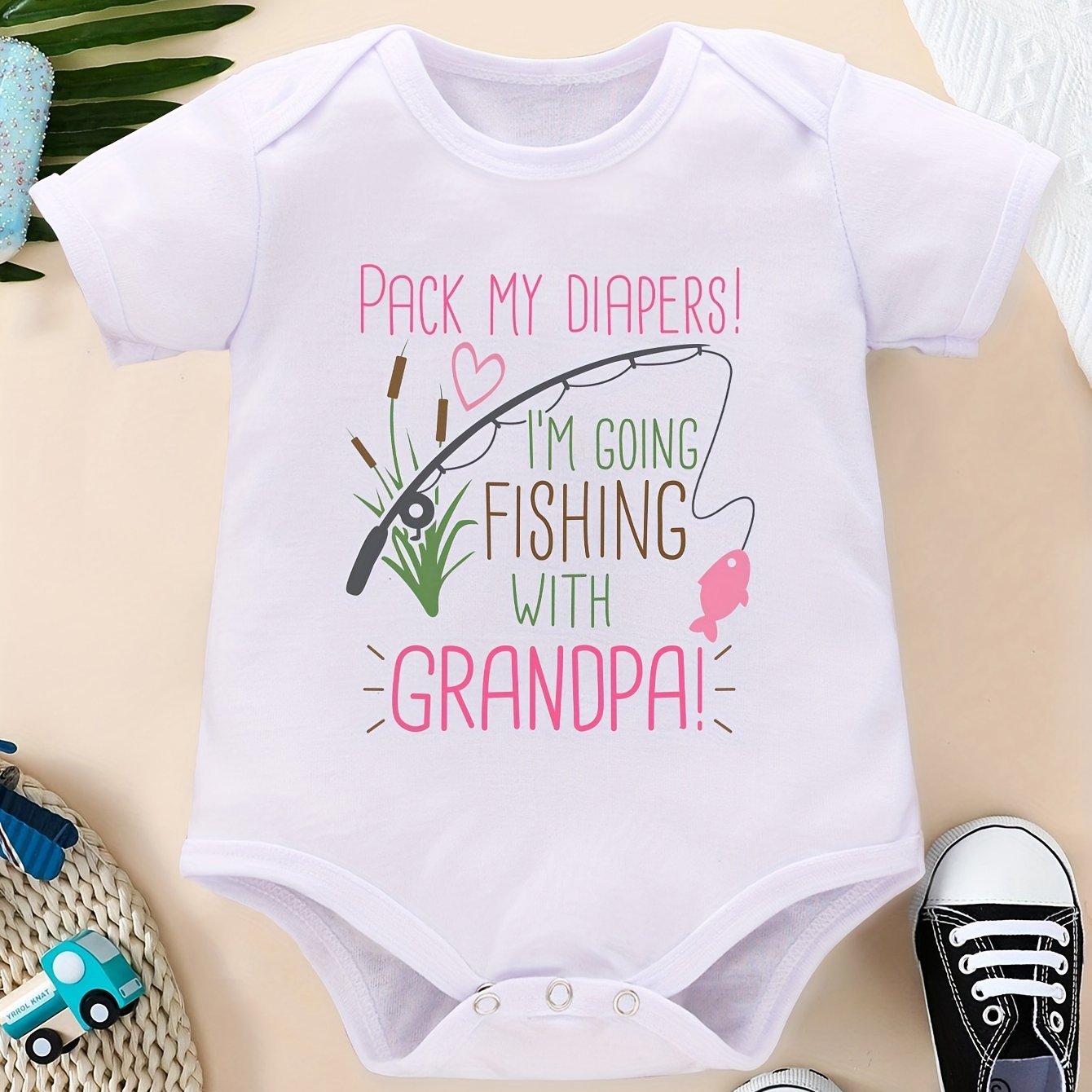 Infant's fishing Grandpa Print Bodysuit Comfy Short Sleeve - Temu