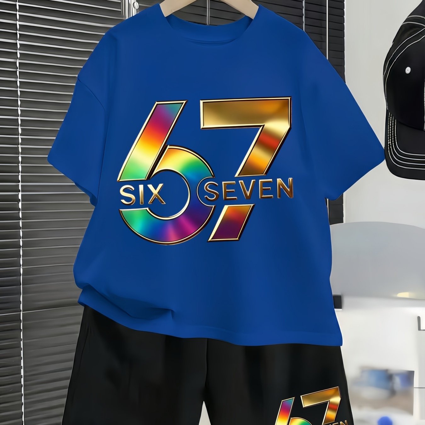 Image of 2pcs 67 Rainbow Laser Print/new Short Sleeve Short Shorts Set/trendy Y2k Style/ Print Design/durable Kids' Wear/ Casual Clothing/ For Children/suitable For Boys And Girls Aged 3 And Up, For Outdoor