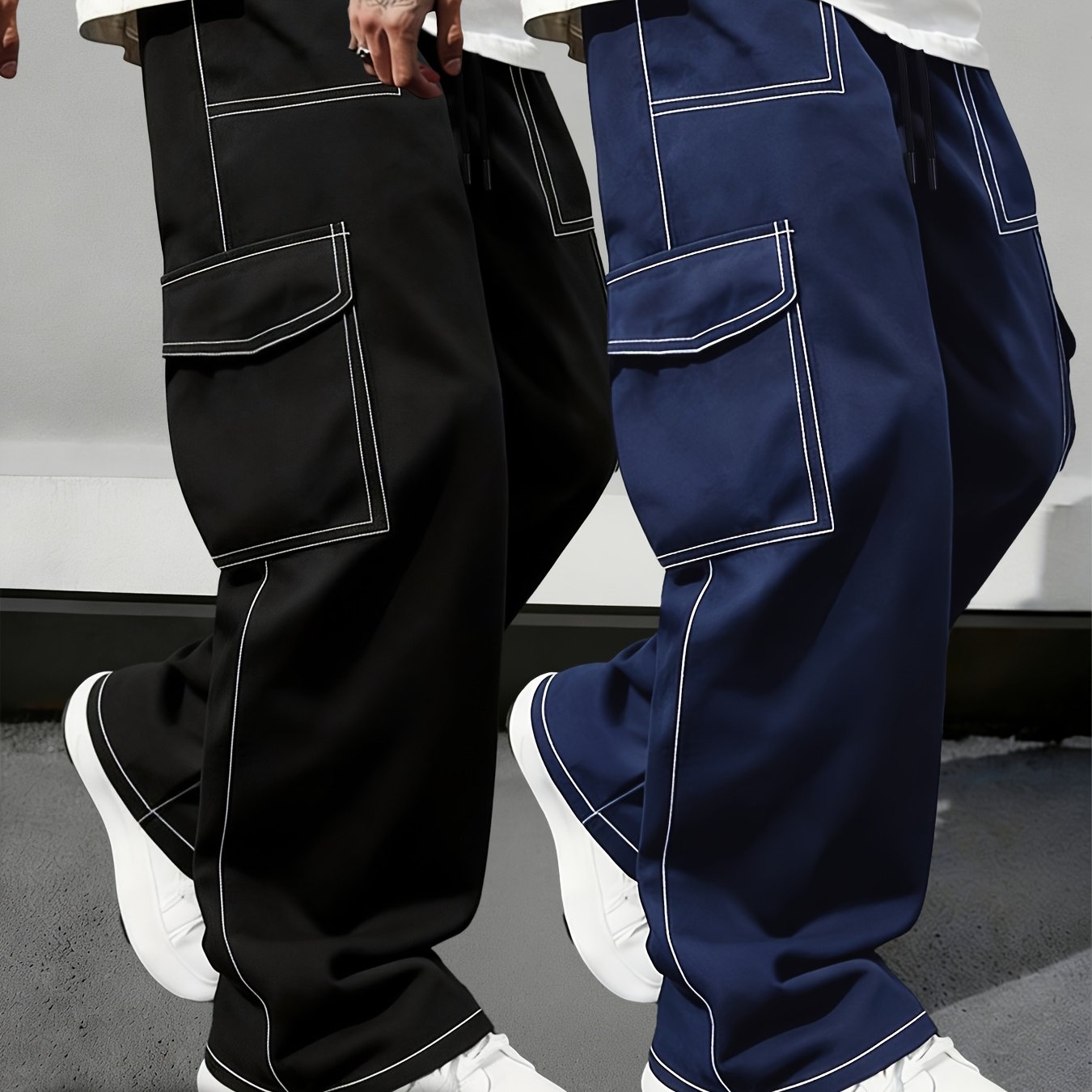 TEMU Trousers For Men High Quality | 2pcs Men's Outdoor Casual Lightweight Cargo Pants, Featuring A Stitched Design With Multiple Pockets, Loose