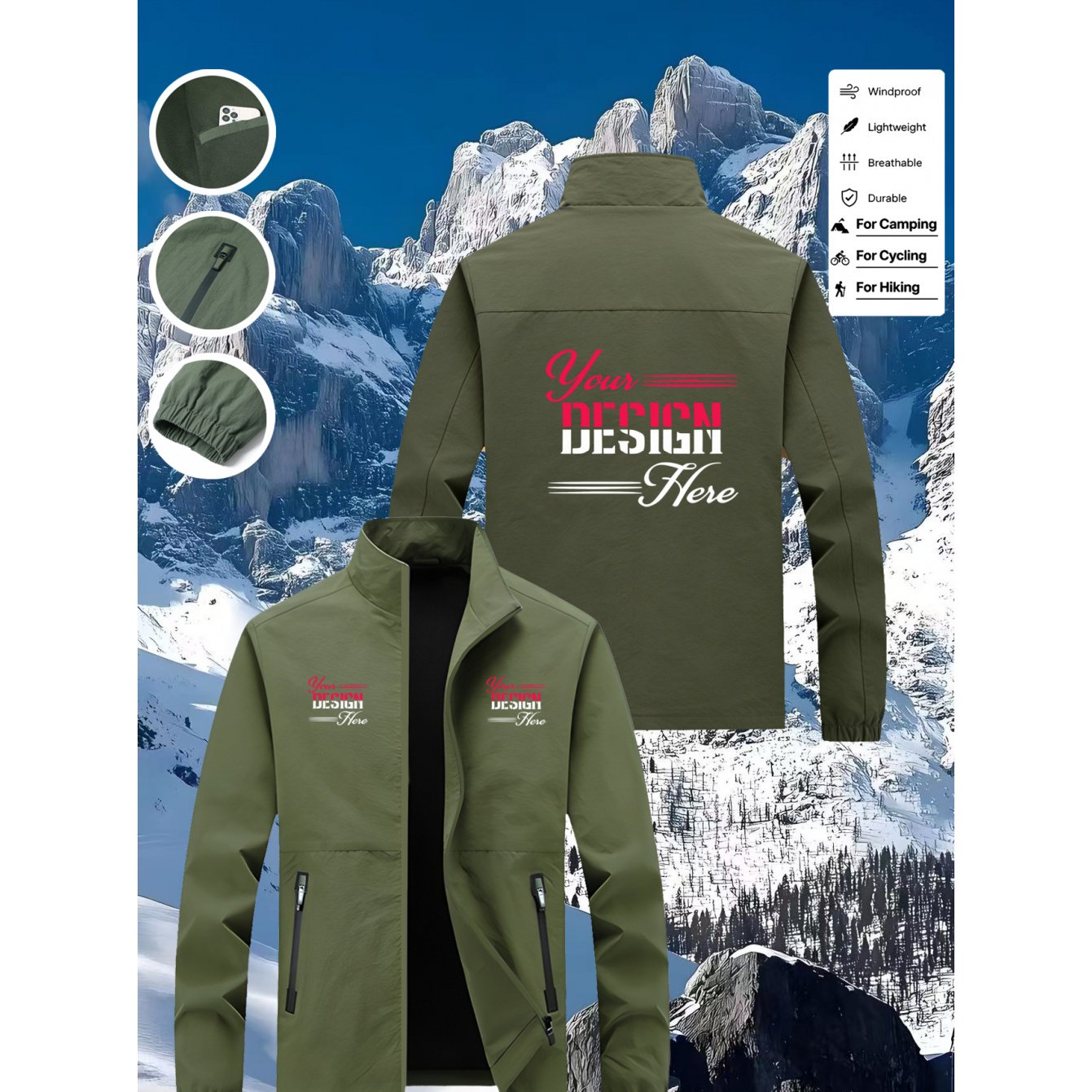 TEMU Fashionable Men's Custom-made Stand Collar Jacket, -style Windproof Jacket, Outdoor Sports Cycling Jacket, Wear-resistant And Tear-resistant