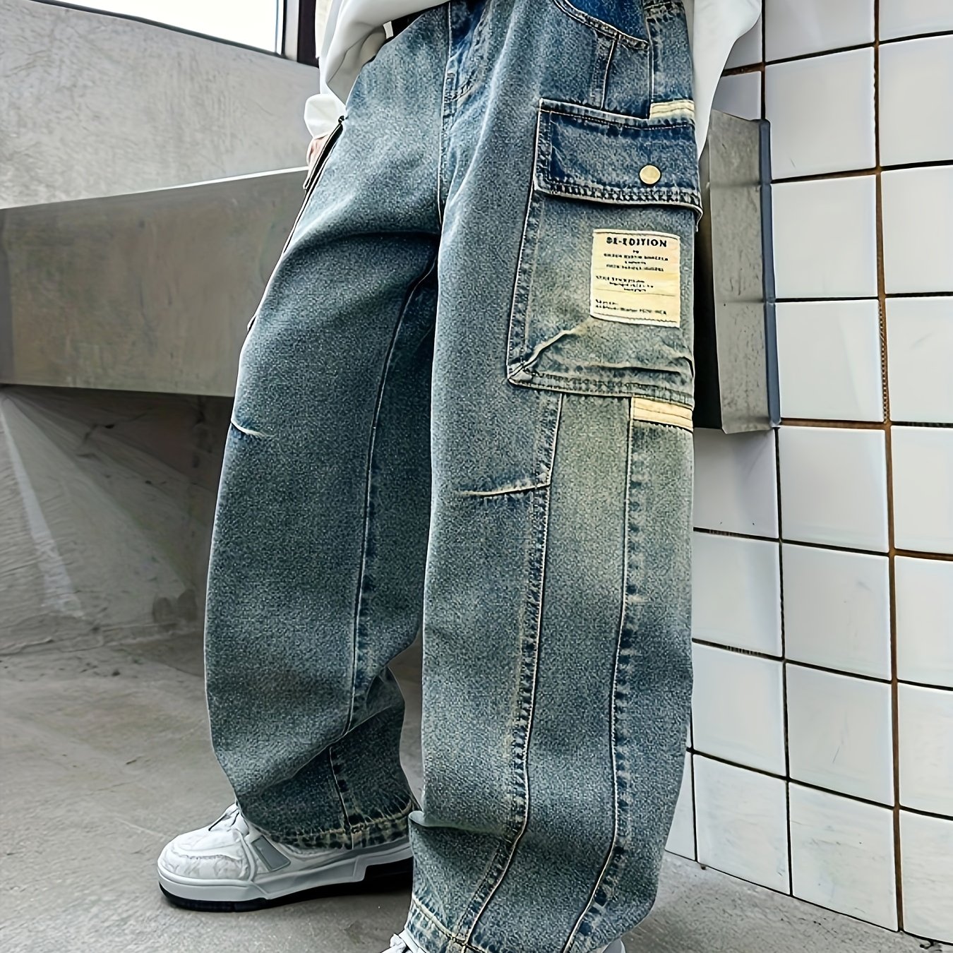 Boys' Letter Patch Embroidered Distressed Denim Cargo Overalls