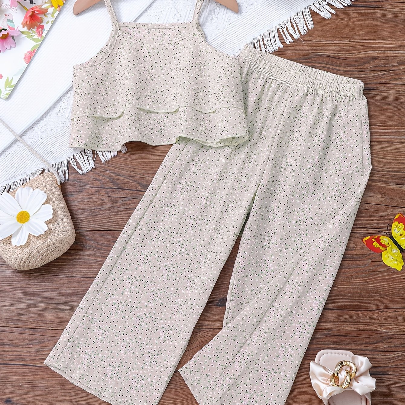 TEMU Conjunto para Niñas con Blusa Casual y Correa Floral y Pantalones Florales
