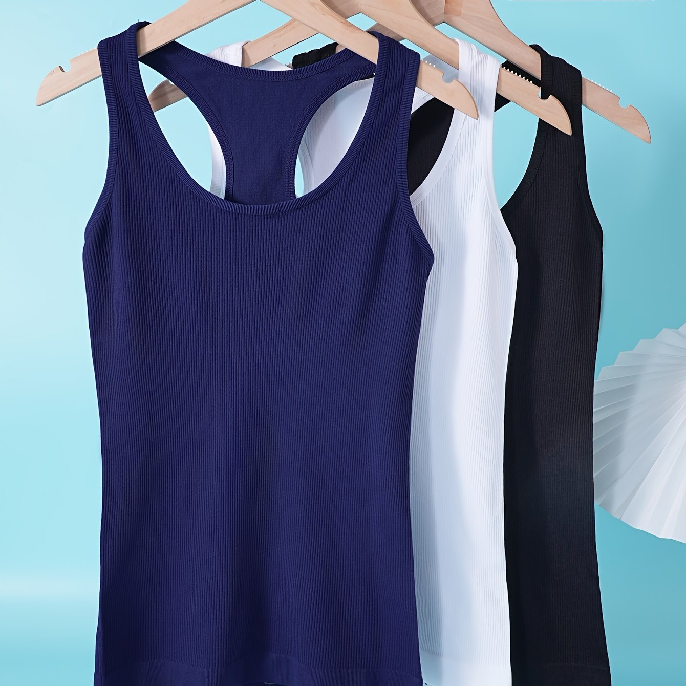 Image of 3pcs Set Of All-colors Ribbed Contoured Seamless High-elastic Sports Tank Tops, Close-fitting Shockproof Women's Yoga Vest, Soft Comfortable Breathable Casual Daily Versatile Base Layer