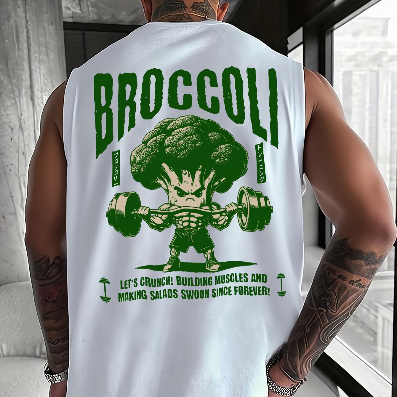 TEMU Men's Casual Sports Tank Top - Lightweight Breathable Knit Fabric With Broccoli Print, Round Neck Sleeveless Design For Gym & Casual Attire, Gym