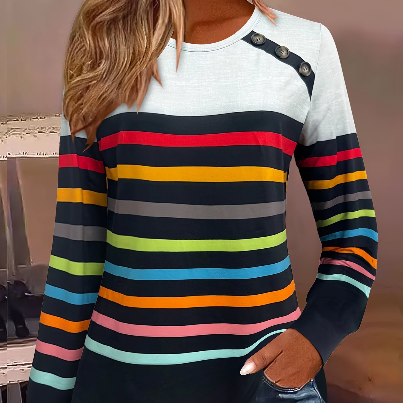 Women's Elegant Color-block Striped Long Sleeve Button-up T-shirt - Round Neck H-silhouette Top, Machine Washable Fall Winter Casual & Formal Wear, Elegant Pullover, Durable Fabric