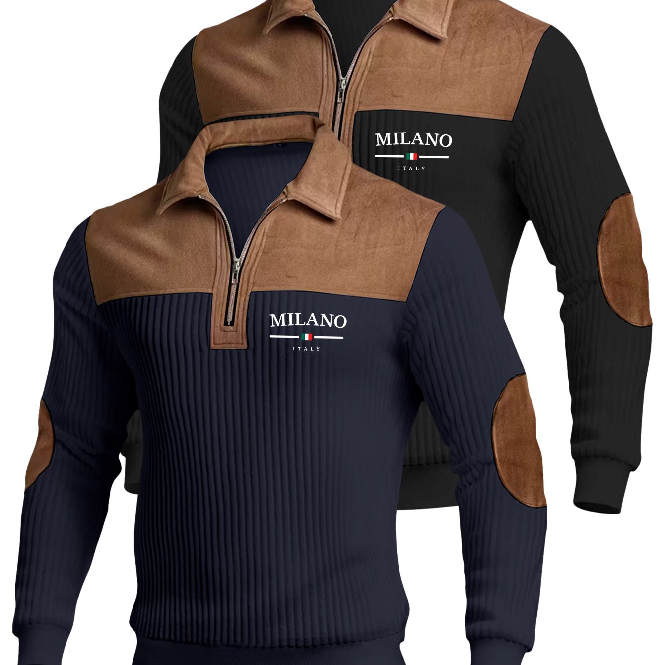 TEMU Men' Wear 2pcs Set: Color- Casual Stand Collar Pullover With Ribbed And Brown , Stand Collar Zipper Design, Suitable For Daily Casual Fashion,