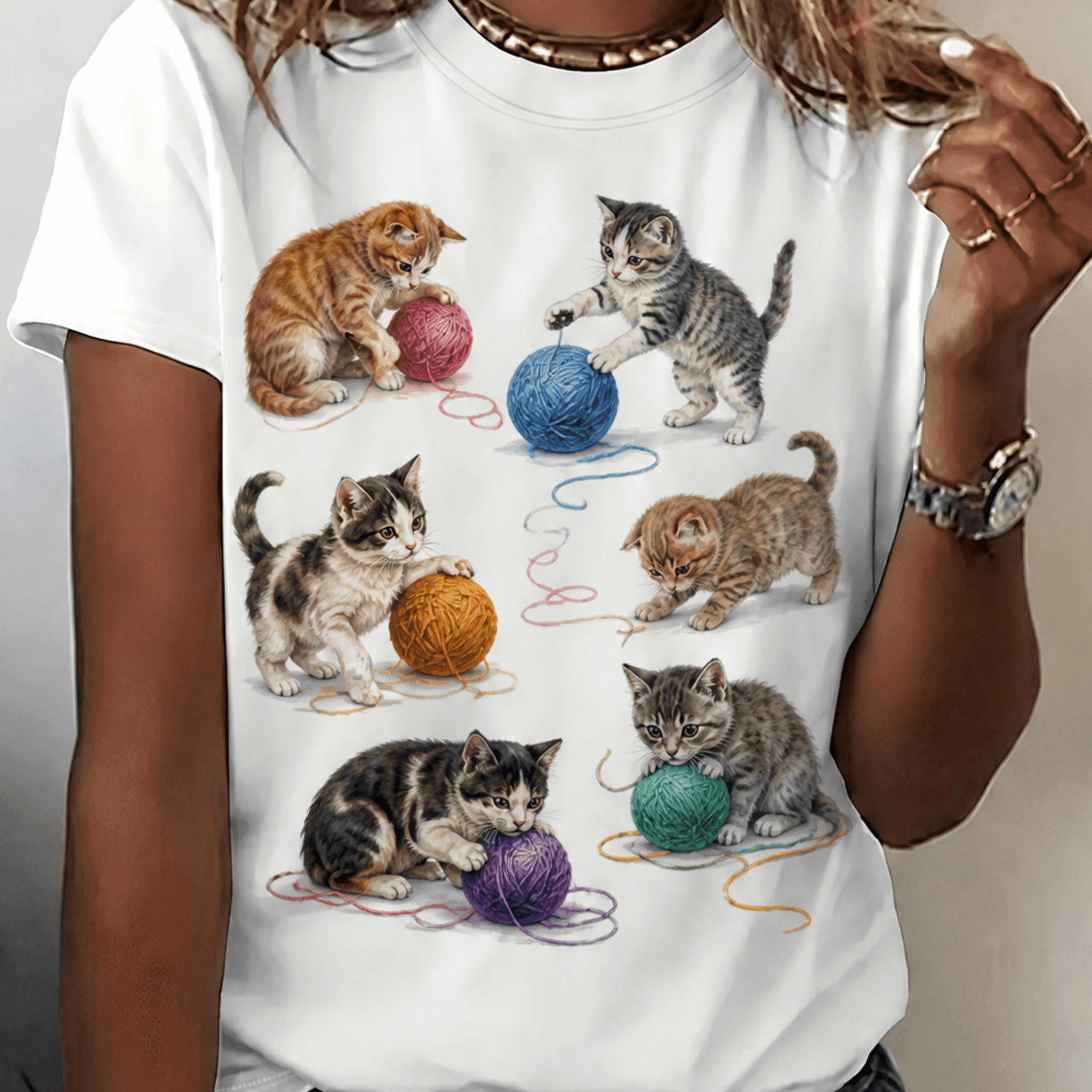 Image of New Women's T-shirt Cute Kittens Playing With Yarn Balls Theme 100% T-shirt Women's T-shirt High Quality T-shirt Summer Daily Wear Gift For Cat Lovers