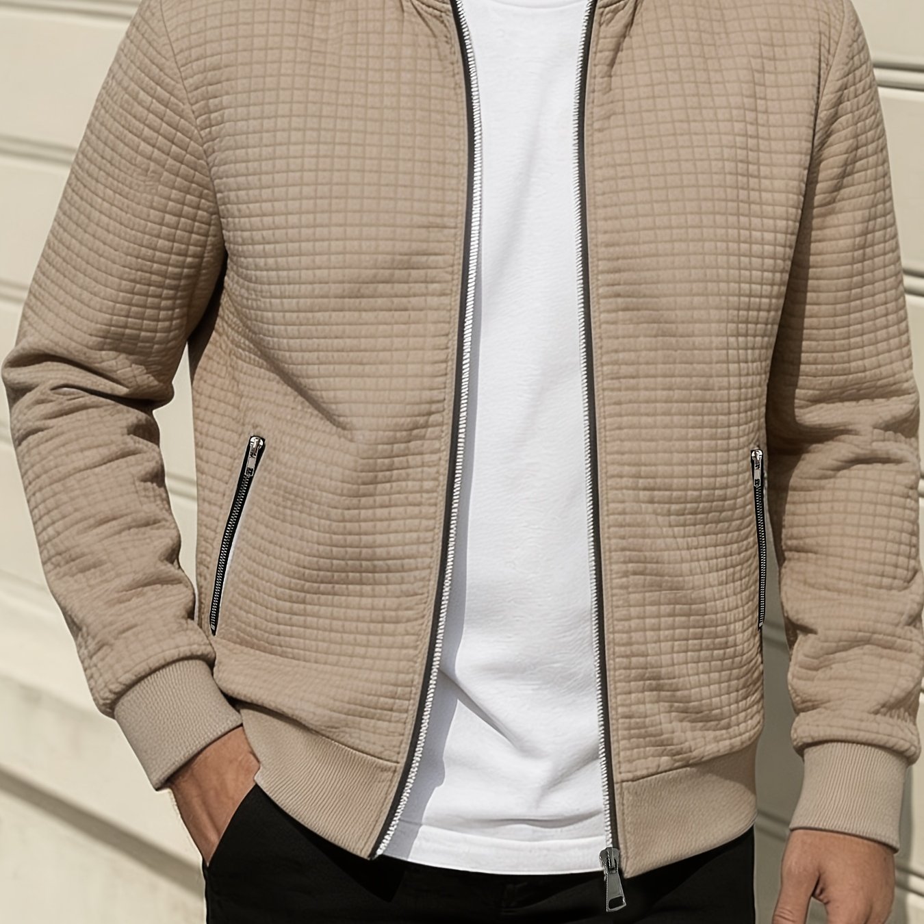 TEMU Obm Men's Checkered Textured Baseball Jacket, Waffle Knit Full-zip Casual Outerwear, Spring/autumn Lightweight Loose-fit Versatile Long-sleeve