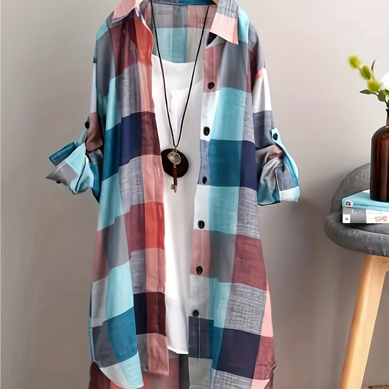 E-shop Plus Size - Plus Size - Modisches Design, mittellange, lockere Jacke mit kariertem Hemd