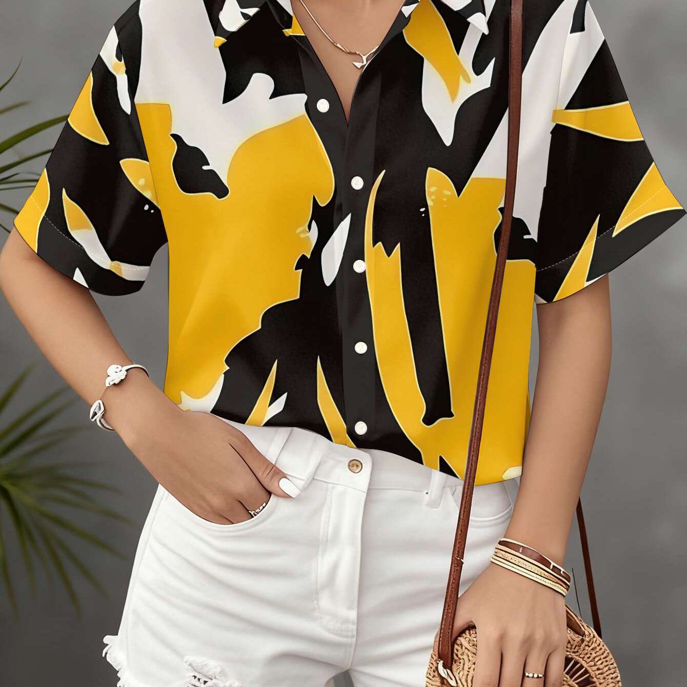 TEMU New Women's Short Sleeve Shirt Yellow Black White Abstract Leopard Print, Strong Visual Impact Flat Printing Design Pattern, Casual Commuter
