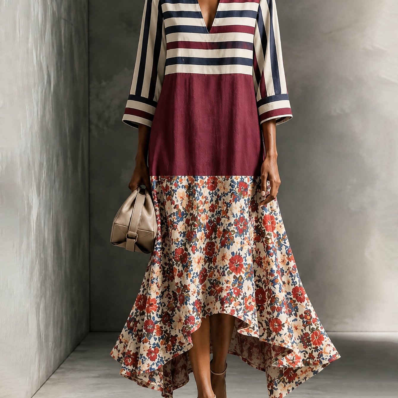 Image of Women 3/4 Sleeve Maxi Dress Vintage Stripe Floral Long Dress Elegant Outfit Daily Fashion Casual Long Dress For