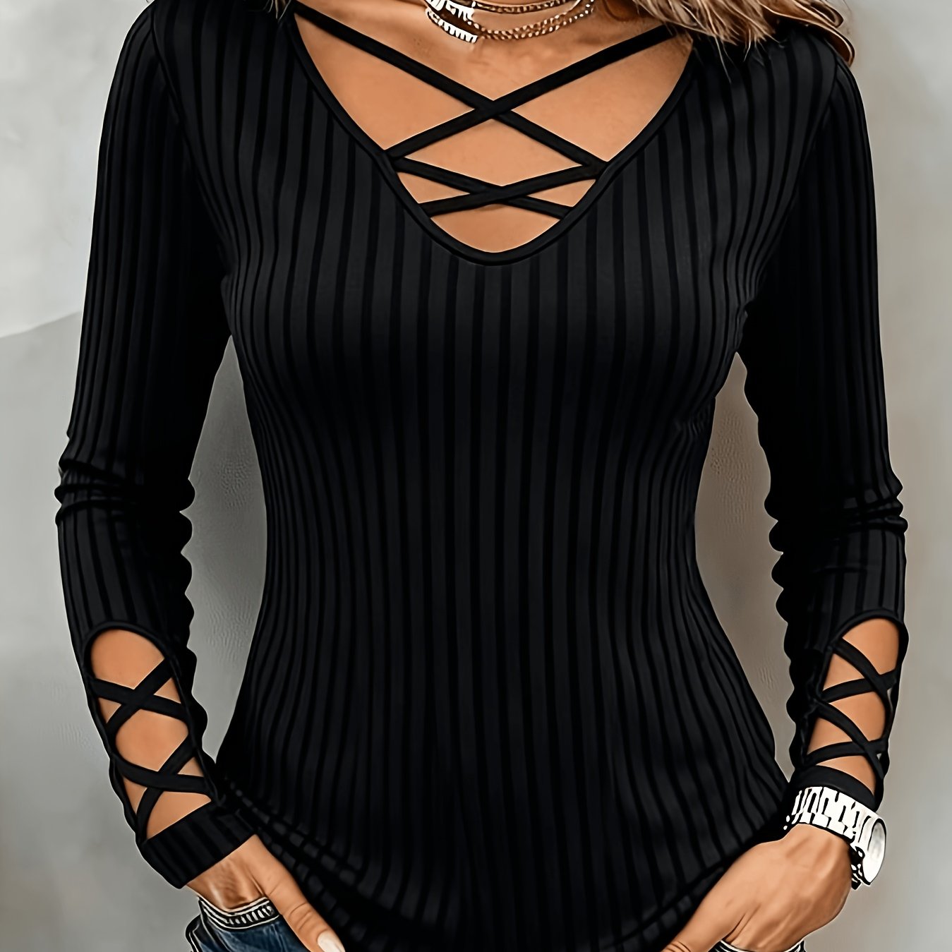 TEMU Plus Size, Plus Size Women's Black Ribbed Long Sleeve T-shirt With V-neck, Criss-cross Tie Straps, Cut-out Details, Slim Fit, Figure-flattering,