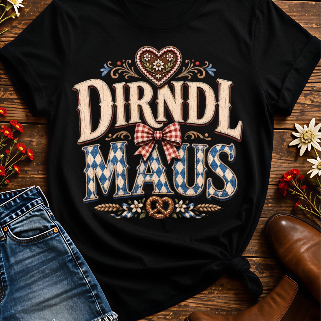 Image of Dirndl Maus Graphic T Shirt Blue White Diamond Lettering With Red Gingham Bow Gingerbread Heart Pretzel And Flowers