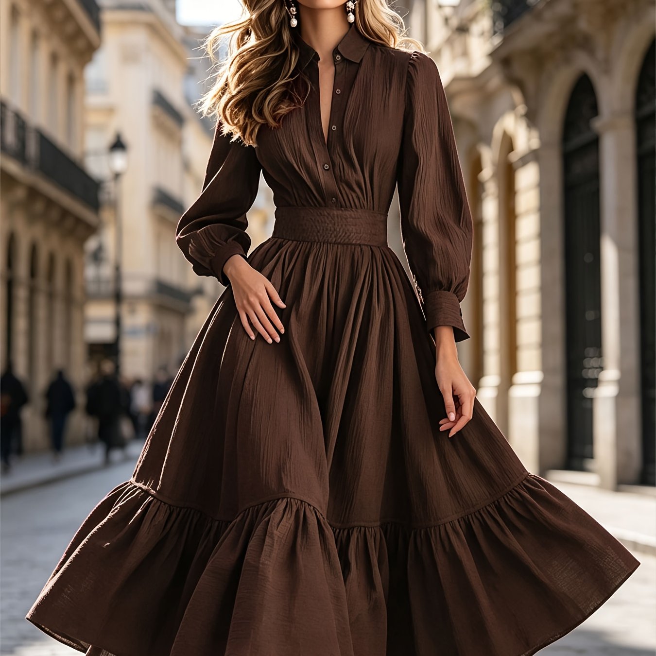 TEMU 1pc Western Style Long Dress, Puff Sleeve Waist-cinching Flared Dress, Gathered Waist Design, Women's Christmas Dress, Women's Evening Gown,
