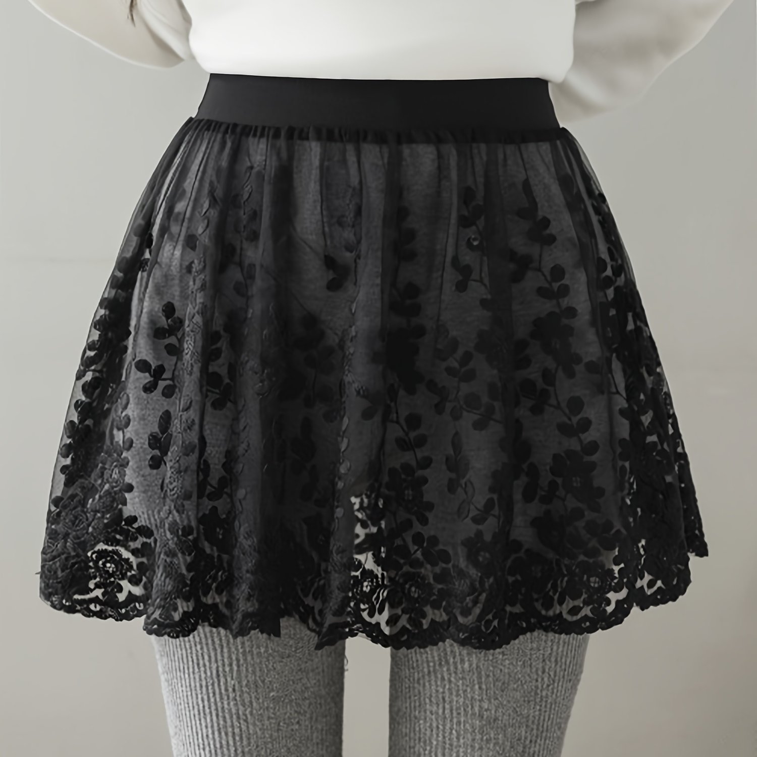 Contrast Lace Skirt, Solid Flexible Elastic Waist Skirt To Cover The , Women's Clothing