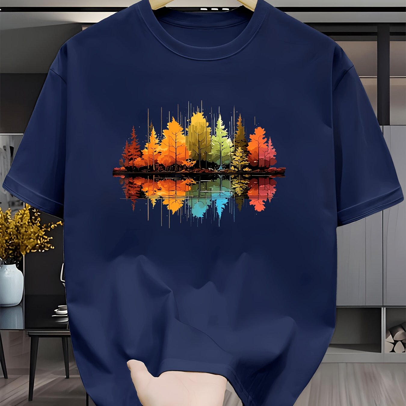TEMU Men's Casual Round Neck T-shirt Featuring A Design Of And Lake , Comfortable, Machine Washable, Breathable, With Print Pattern